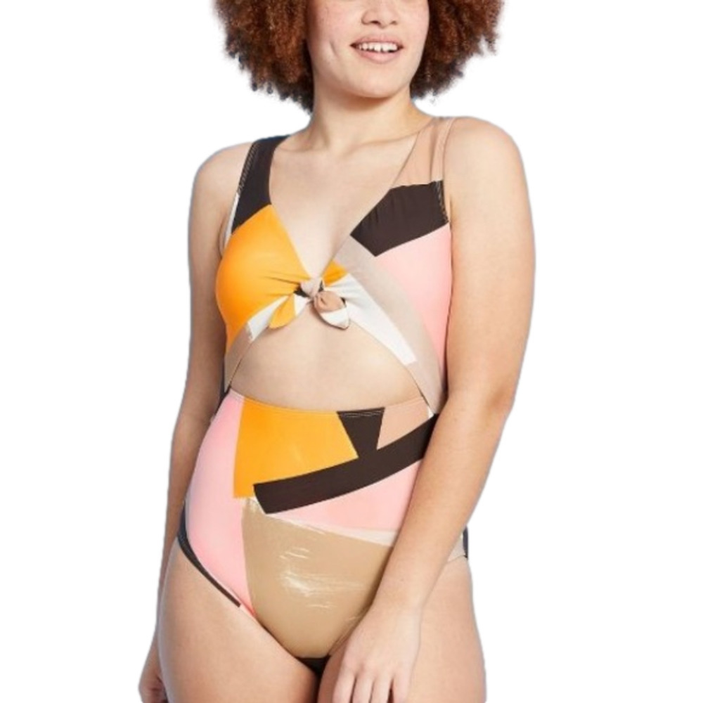 SEXY Plunge Peak-A-Boo Cut Out one piece Swimsuit Sea Angel multicolor large new